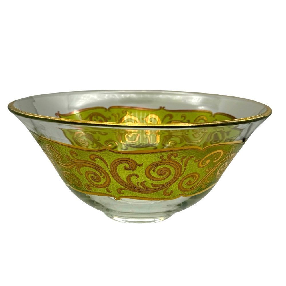 Vintage Mid-Century Modern Culver Glass Toledo Green swirl Bowl Gold 5”c 10"
